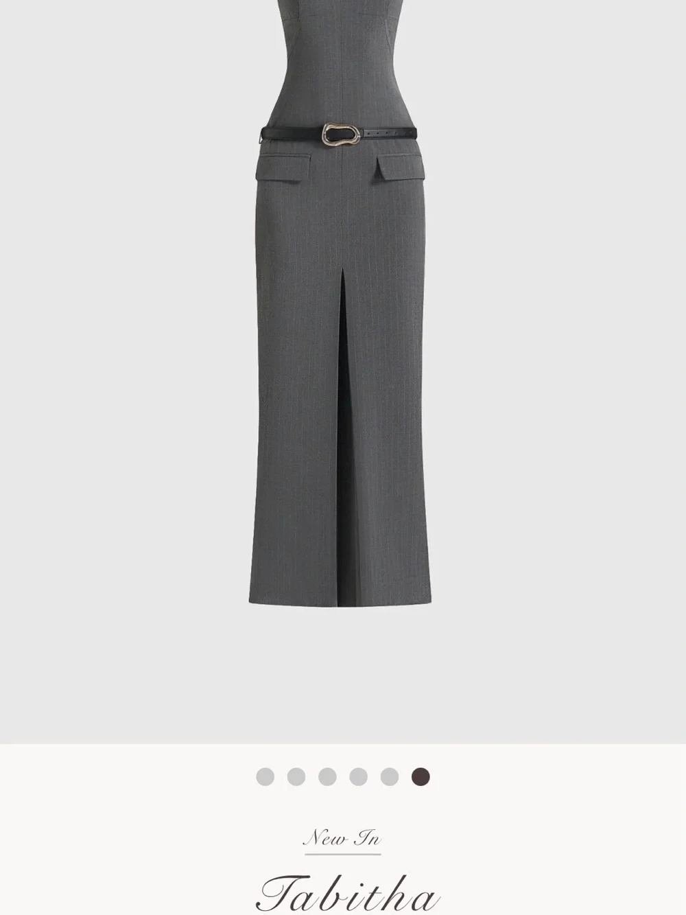 Maniere De Voir Strapless Gray Maxi Dress with Belted Waist